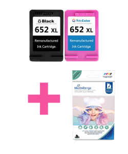 Kartuša kompatibilna za HP 652 komplet XL  črna/black (F6V25AE) + barvna (F6V24AE) XL -kompatibilna + foto papir 